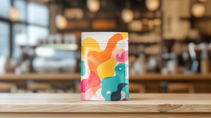 Colorful packaging on display in a modern cafe setting featuring a vibrant design royalty free stock image