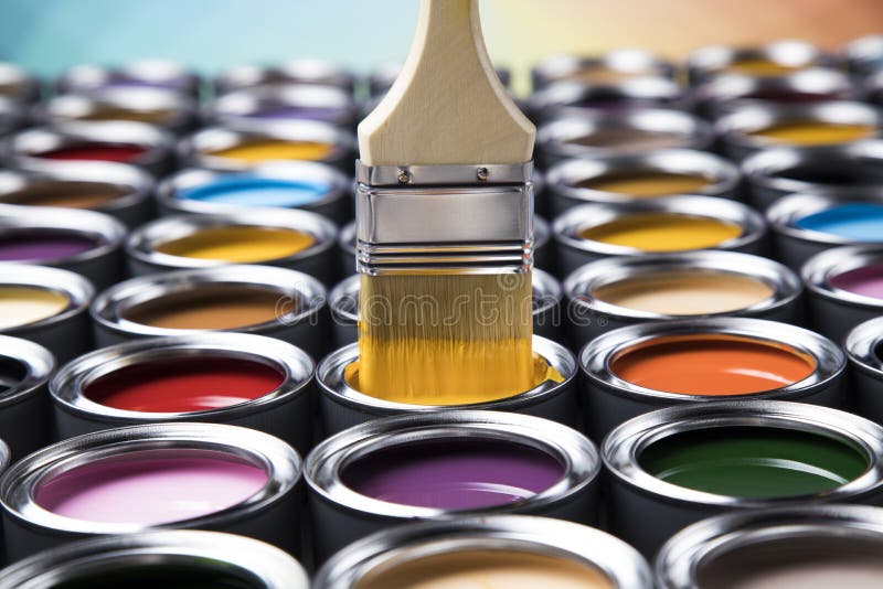 Colorful Paint Cans with Paintbrush Stock Image Image of home, liquid