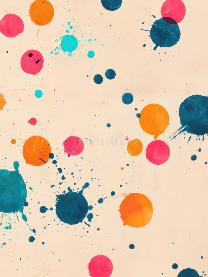 Colorful paint splashes in bright round shapes randomly scattered on a light beige canvas background, creating a playful royalty free stock images