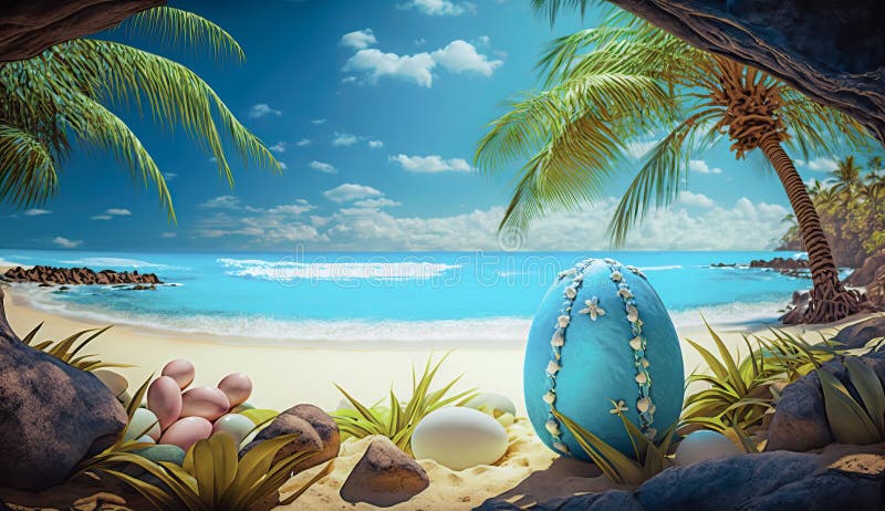 Colorful Painted Easter Eggs on Tropical Beach with Palm Trees and Turquoise Sea in the 