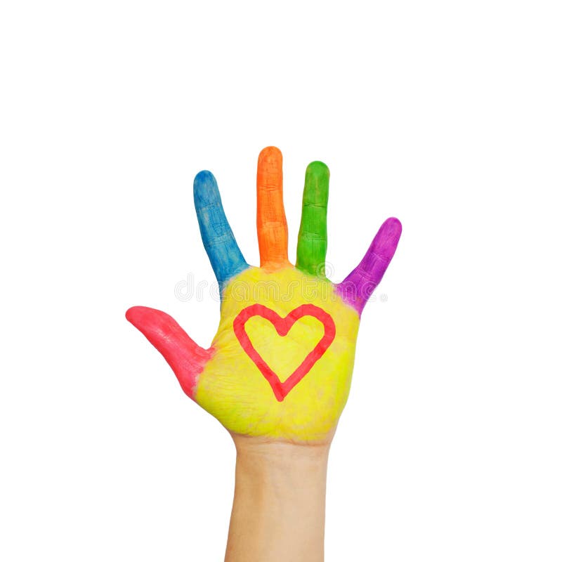 Colorful painted hand with the heart symbol drawn on the palms. Isolated on white background.