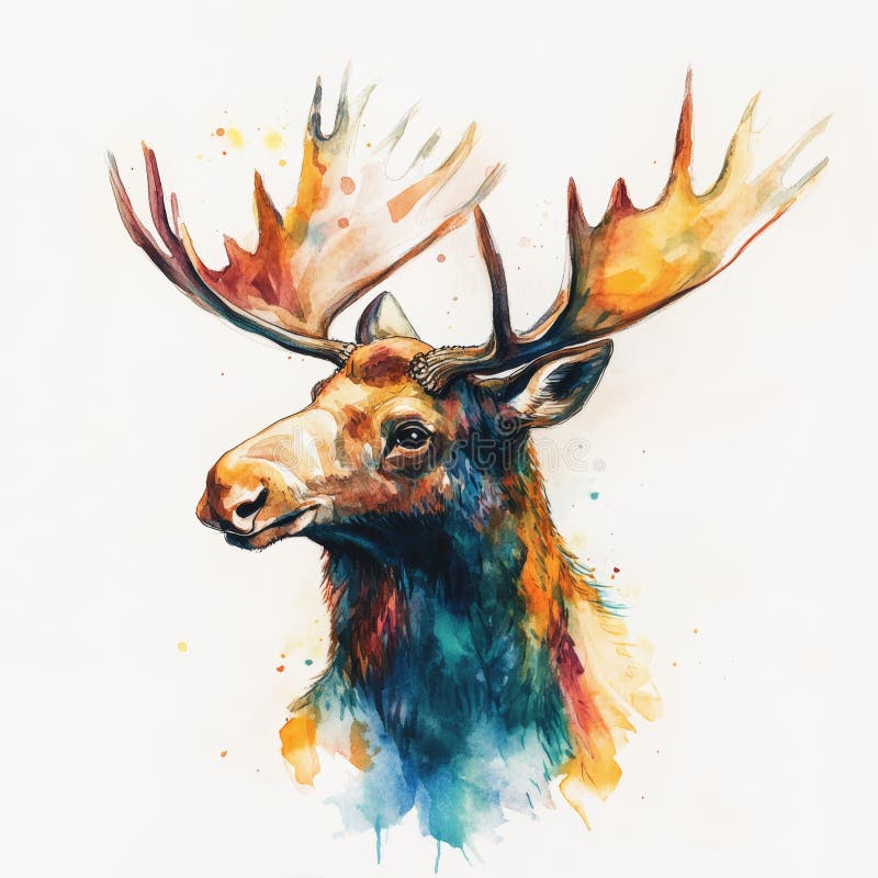 A colorful painting of a moose with a large, colorful antlers stock illustration