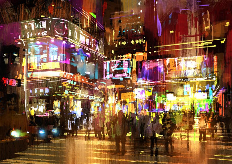Colorful painting of night street,cityscape