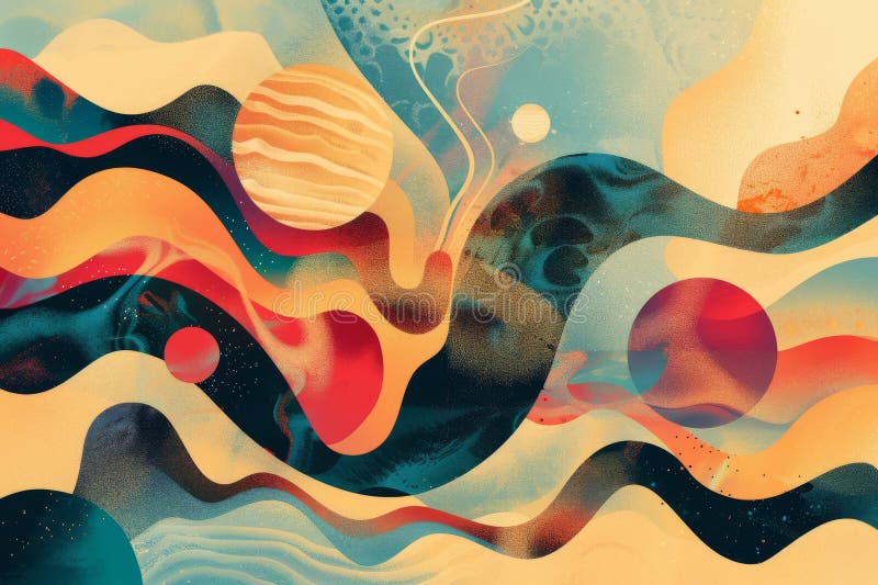 A colorful painting of planets and a wave vector illustration