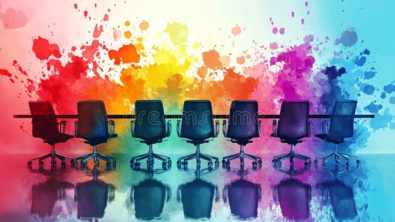 A colorful painting of a table with six chairs and a table stock illustration