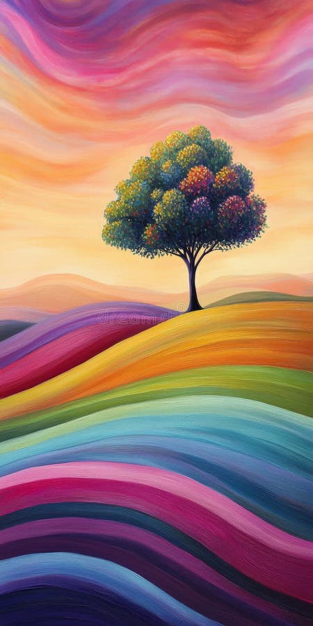 Colorful painting of a tree on a hillside with a sky in the background vector illustration