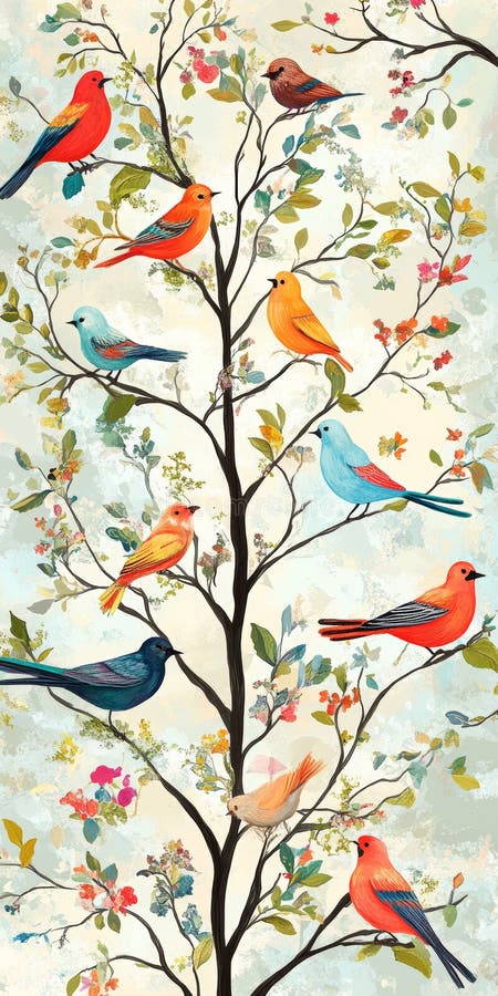 Colorful painting of a tree with many birds on it stock illustration