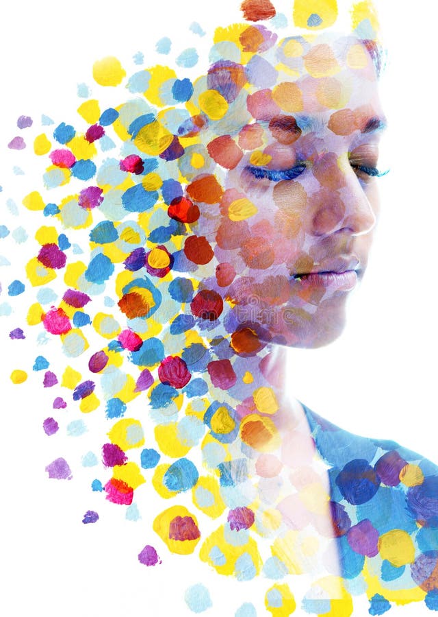 A colorful paintography half frontal portrait of a woman with closed eyes. A paintography half frontal portrait of a woman with closed eyes combined with