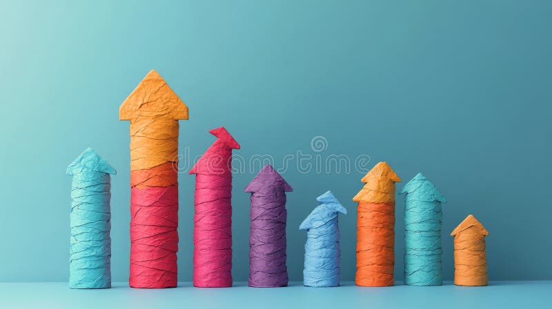 Colorful paper arrows representing growth and progress displayed against a pastel background stock photo