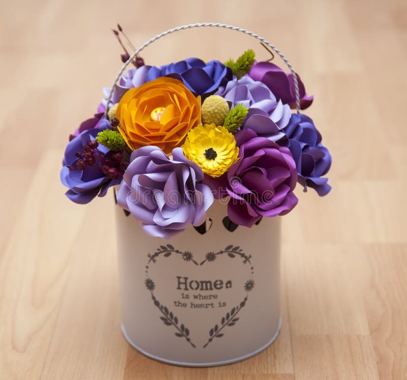 Colorful Paper Flowers in a small white bucket