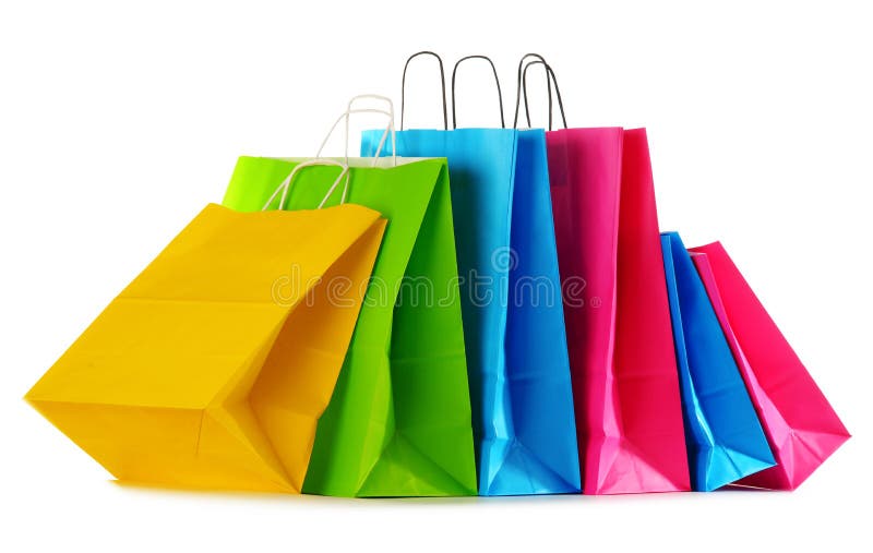 Colorful paper shopping bags on white