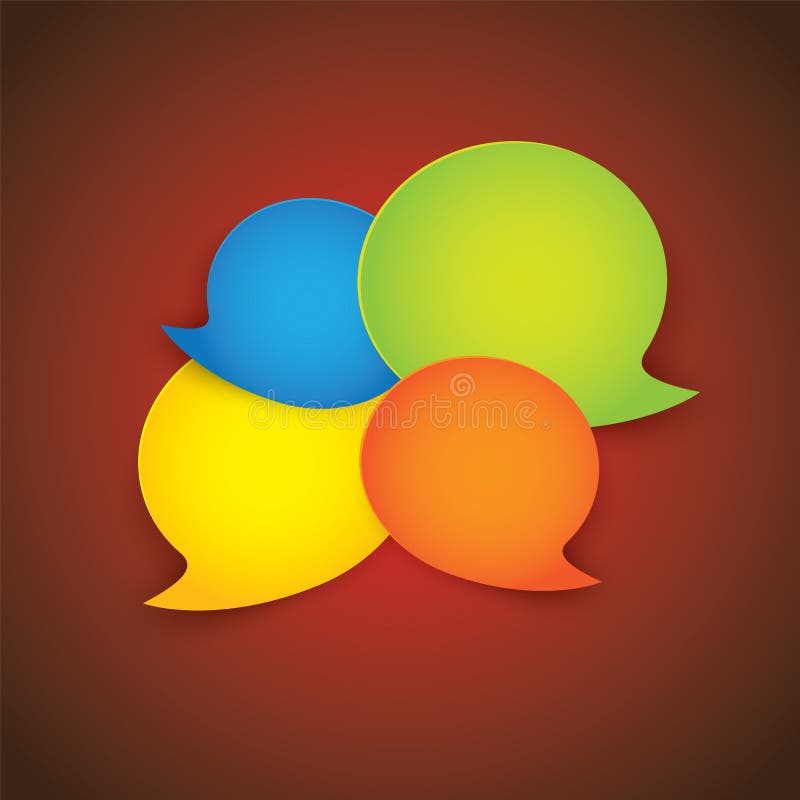 Colorful paper speech bubbles on red gradient background- vector illustration.