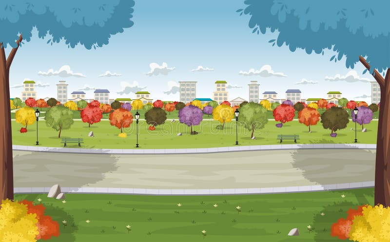 Road on Colorful Park. Nature Background.Cartoon Family with Big ...