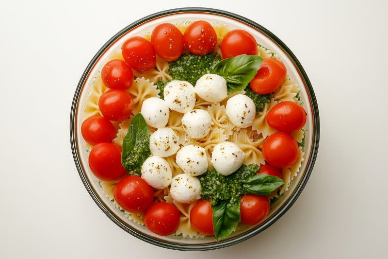 Colorful Pasta Salad with Fresh Tomatoes and Basil on a Pink Background