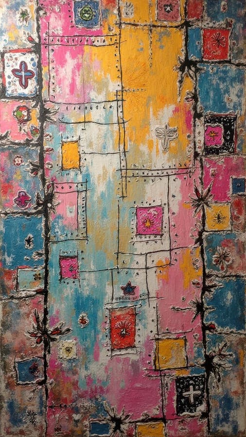 Colorful patchwork abstract art with cross and star motifs stock images