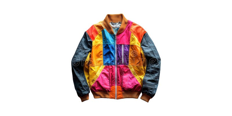 Colorful Patchwork Bomber Jacket. Vibrant Fashion Statement With Retro Style Isolated On Transparent Background royalty free stock photo