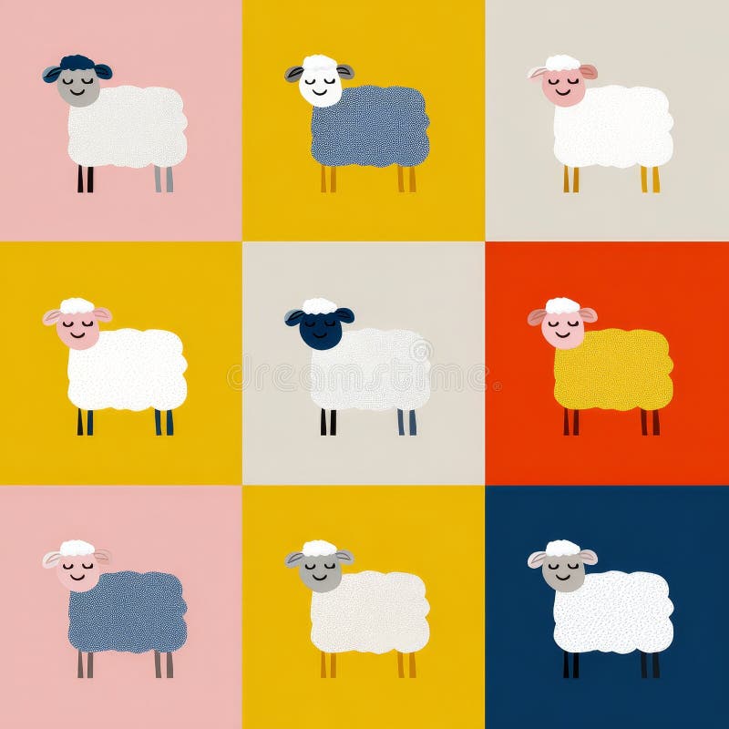 Colorful patchwork of cute cartoon sheep on geometric backgrounds stock photography