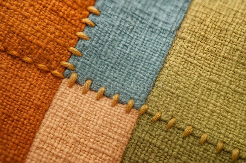Colorful patchwork fabric sewn with visible stitches creating a textured surface royalty free stock images