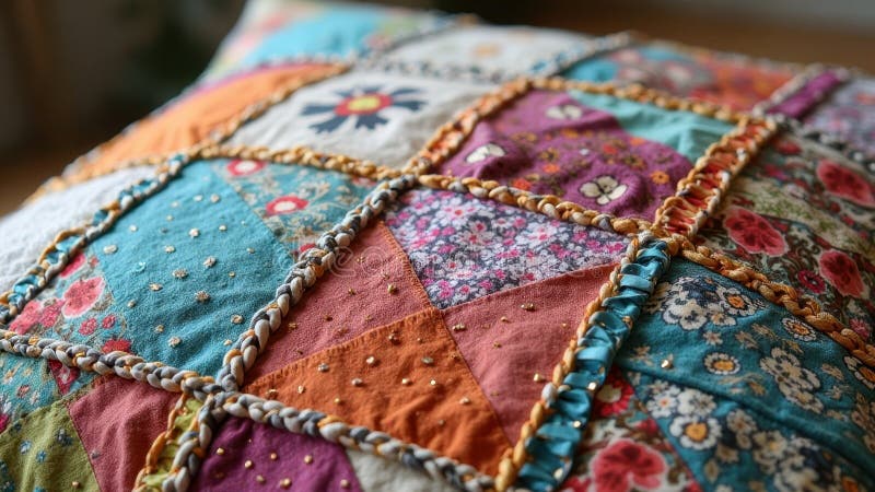 Colorful patchwork pillow with various fabric patterns and textures stock images