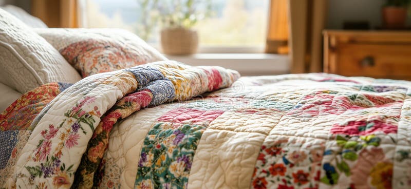 Colorful patchwork quilt draped over bed with floral patterns and cozy ambiance stock photos