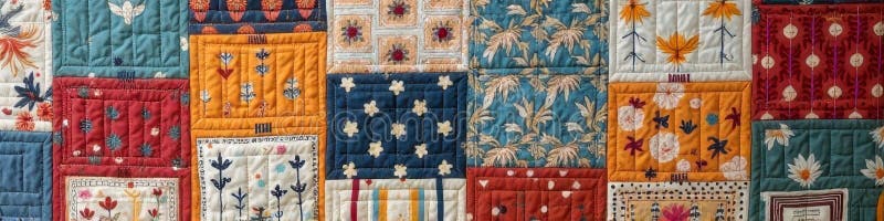 Colorful patchwork quilt with floral and abstract patterns royalty free stock photo