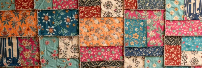 Colorful patchwork quilt with floral patterns and geometric designs stock photo