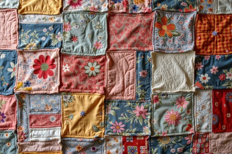 Colorful patchwork quilt with floral patterns and textures stock photo