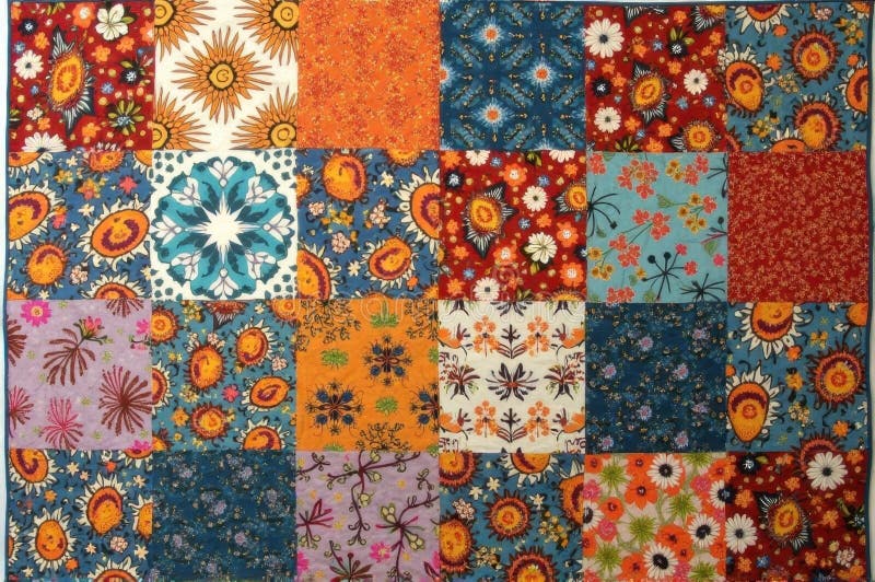 Colorful patchwork quilt with floral patterns in warm tones stock photography