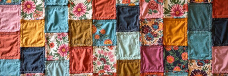 Colorful patchwork quilt with floral and solid patterns stock photos