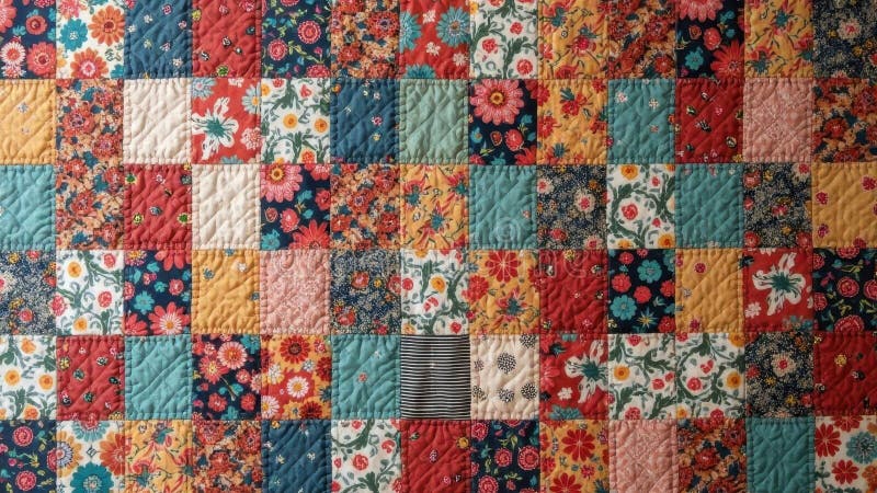 Colorful patchwork quilt with florals and geometric patterns royalty free stock photos