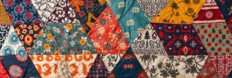 Colorful patchwork quilt with geometric patterns and floral designs royalty free stock photos