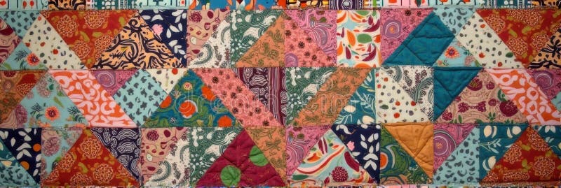 Colorful patchwork quilt with geometric patterns and vibrant fabrics stock photography