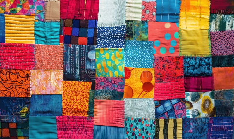 Colorful patchwork quilt showcasing vibrant fabrics, patterns, textures, and colors in a mosaic arrangement stock photos