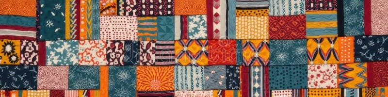 Colorful patchwork quilt with vibrant geometric and floral patterns stock photography