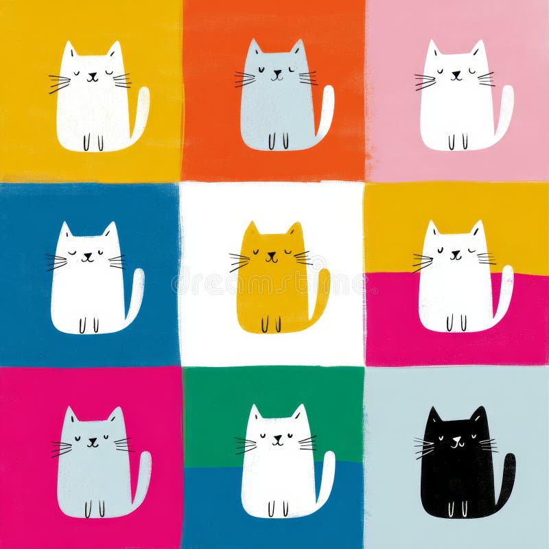 Colorful patchwork of whimsical cats on vibrant squares royalty free stock images