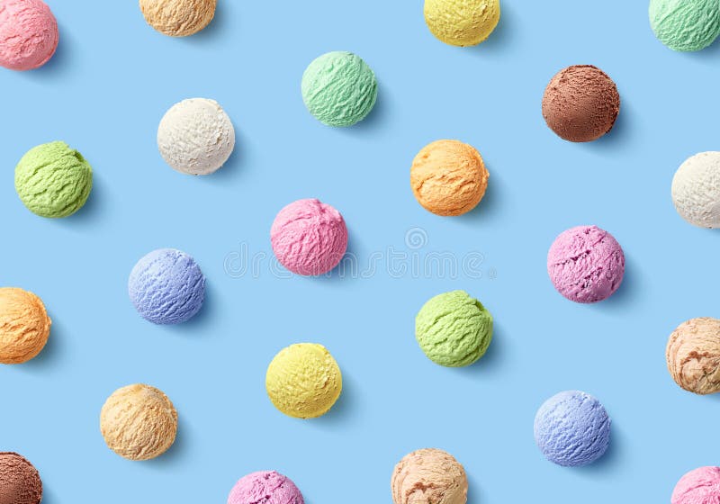 Colorful pattern of different ice cream scoops on blue background royalty free stock photography