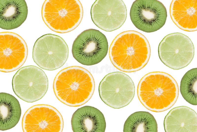 Colorful pattern of kiwi, lime and oranges. Top view of the citrus fruits and sliced kiwi. On white background. stock photos Colorful pattern of kiwi, lime and oranges. Top view of the citrus fruits and sliced kiwi. On white background. stock photos