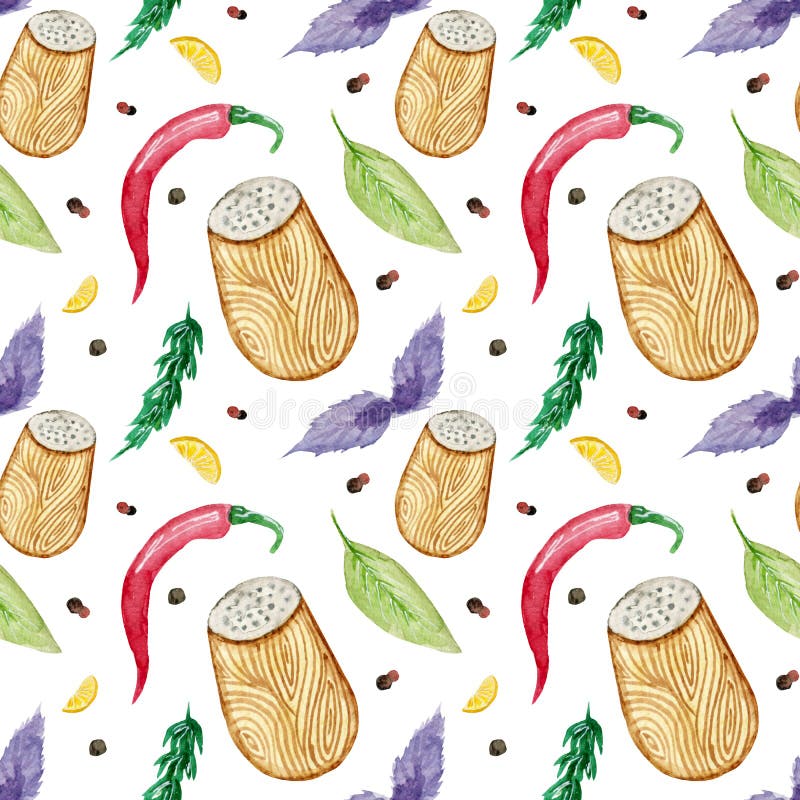 Colorful pattern with various ingredients, spice, salt, basil, bay leaf, pepper, rosemary, lemon on a white background