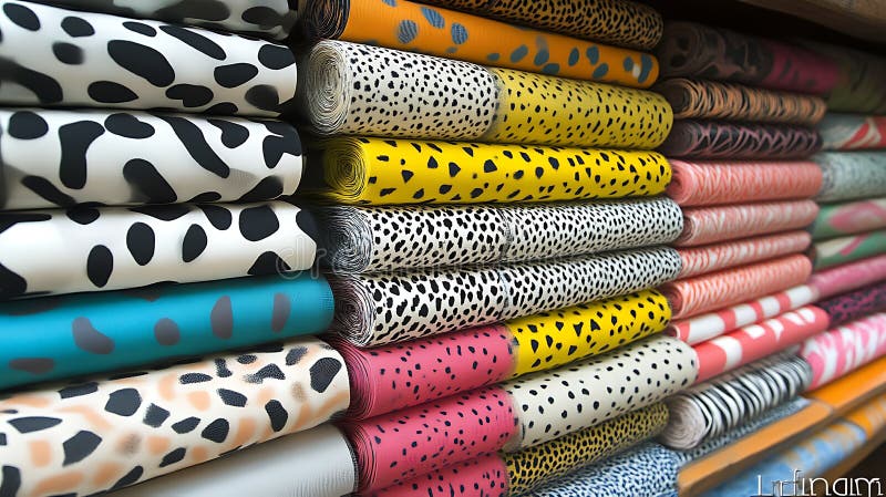 Colorful patterned fabric rolls stacked neatly royalty free illustration