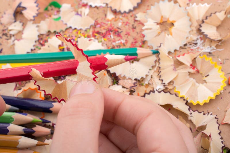 Colorful Pencil Shavings in Hand Stock Photo Image of hand, shaving
