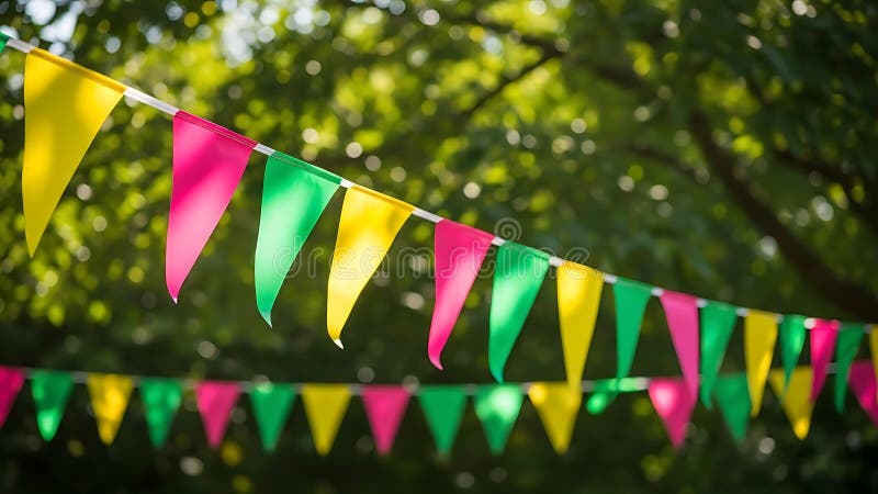 Colorful pennant flags hanging in trees vector illustration