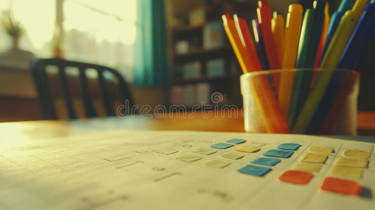 Colorful Pens beside a Schedule on a Desk Stock Illustration