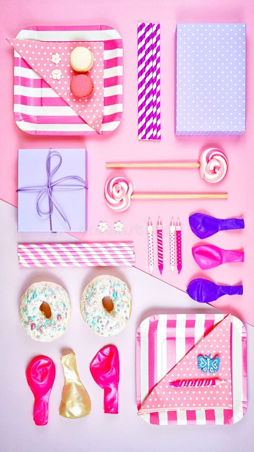 Colorful Pink Theme Party Food and Decorations Flat Lay. Stock Photo ...