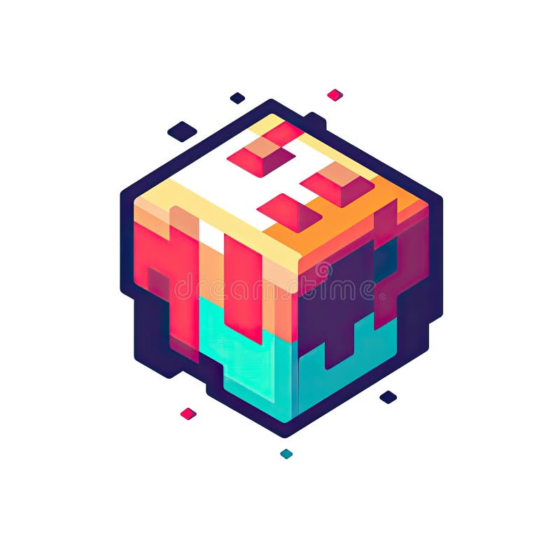 Abstract Colorful Isometric Cube, Digital Pixel Art stock illustration