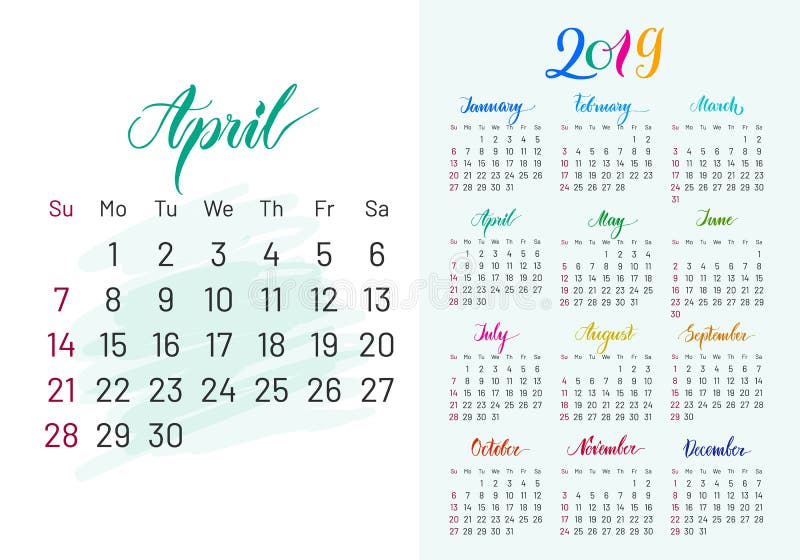Colorful planner, 2019, April separately stock illustration Colorful planner, 2019, April separately stock illustration