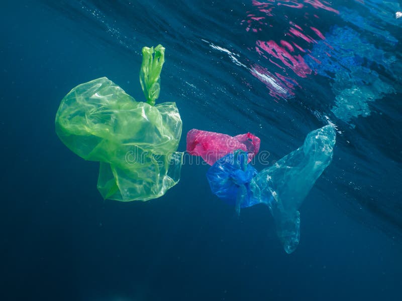 Colorful plastic bags floating in the ocean