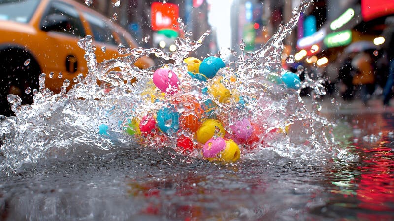 Colorful plastic balls splash in city street puddle stock illustration