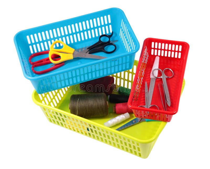 Colorful plastic baskets of different sizes for storing household tools.