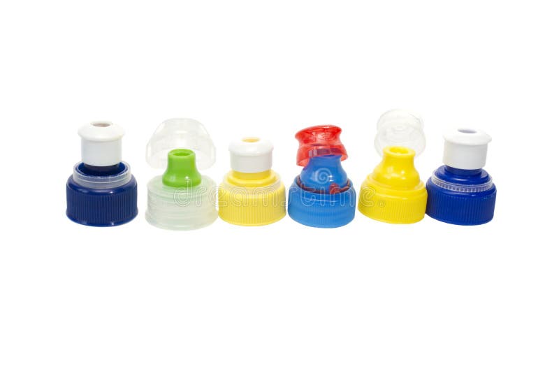 Colorful plastic bottle caps isolated on white stock photo Colorful plastic bottle caps isolated on white stock photo