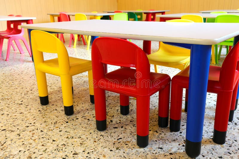 Plastic Chairs and Small Tables in the Nursery Class Stock Photo